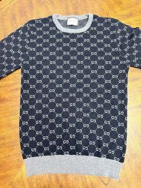 Gucci GG Monogram Sweater Mens Large Navy Blue Gray Crewneck Knit Pullover